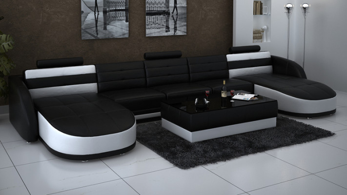 Design divano angolare in pelle componibile moderno con angolo chaise longue, porta USB, nuovo, nero