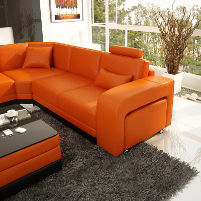 Design divano in pelle angolare moderno arancione con porta USB.