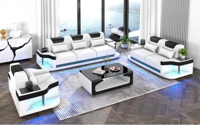 Set di divani 3+2+1 posti in pelle design per il salotto con divani imbottiti.