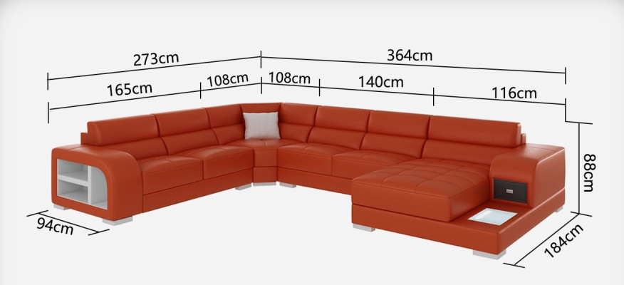 Design moderno del divano in pelle angolare con luce USB.