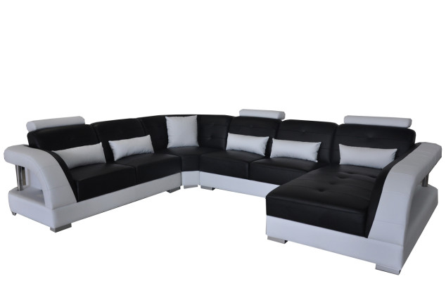 Design Divano ad angolo in pelle moderno con USB, nuovo, nero.