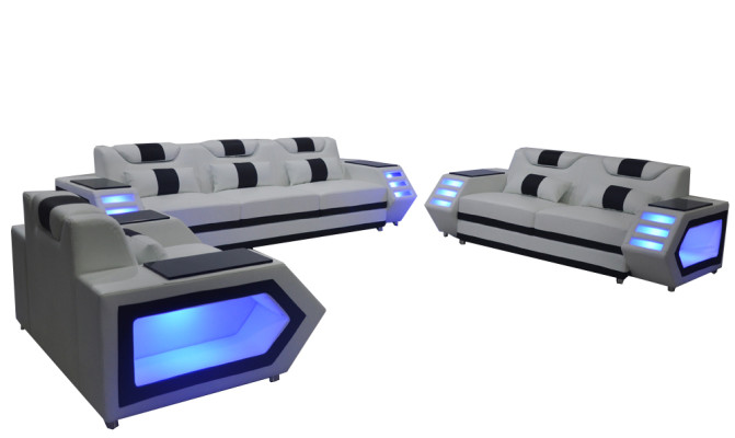 Divano Divano Posti Imbottitura Gruppo Set in Pelle 3+2+1 + LED + USB Nuovo