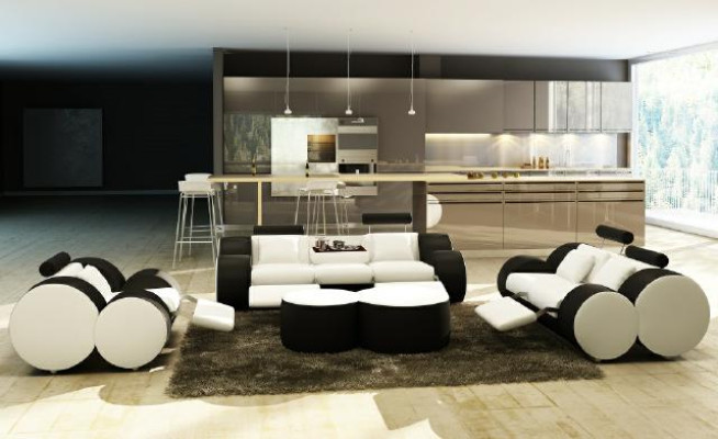 Divano in pelle 3+2+1 posti con USB, divano relax, set di divani imbottiti Madrid.