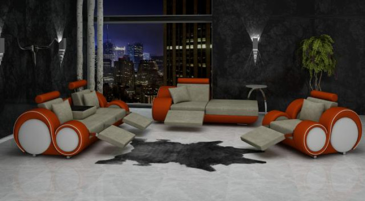 Set da divano in pelle e tessuto + USB, Set da divano 3 posti + chaise longue + 1 divano ad angolo.