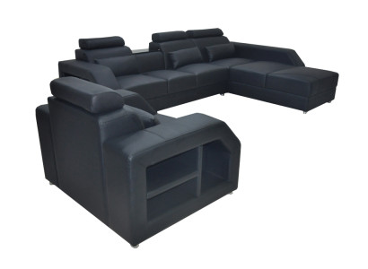 Set di divani imbottiti in pelle con poltrona da angolo e tavolo da salotto, divani e poltrone.