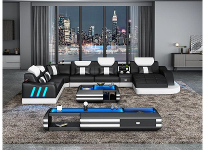 Design divano angolare illuminato in pelle con luci a LED.