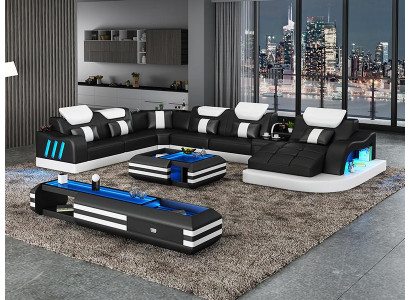 Design divano angolare illuminato in pelle con luci a LED.