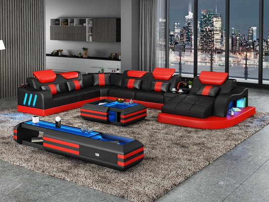 Design divano angolare illuminato in pelle con luci a LED.