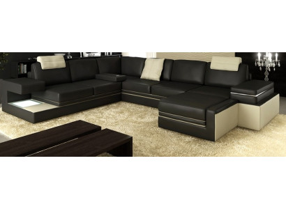 Moderno design divano d'angolo imbottito in pelle e tessuto con luci a LED.