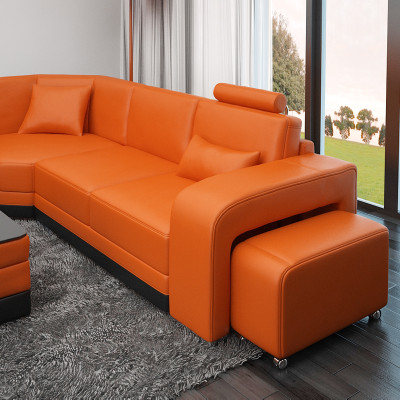Sofà ad angolo a L di stile in un vivace colore arancione per la tua casa.
