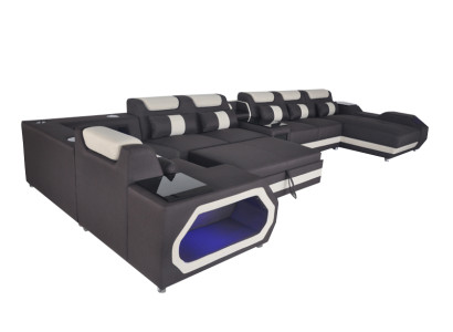 Design XXL moderno in pelle con angolo imbottito, divano ad angolo, divano letto con USB e LED.
