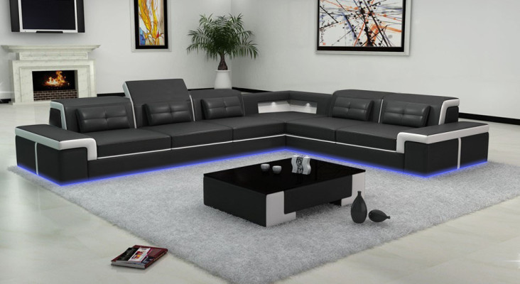 Divano angolare imbottito design soggiorno divano a L-forma con USB + LED