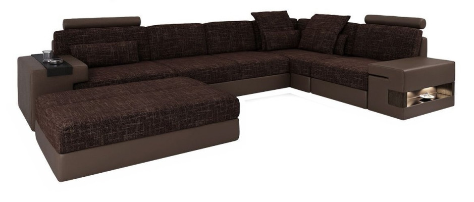Divano d'angolo moderno in stile designer a forma di L, imbottito in tessuto con pouf, set di 2 pezzi, nuovo