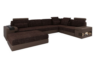 Divano d'angolo moderno in stile designer a forma di L, imbottito in tessuto con pouf, set di 2 pezzi, nuovo