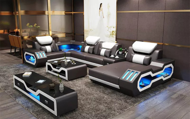 Divano ad angolo a forma di U, tavolino, credenza, divano in pelle, salotto, set di divani di design