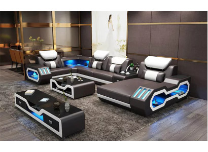 Divano ad angolo a forma di U, tavolino, credenza, divano in pelle, salotto, set di divani di design