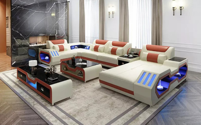 Divano ad angolo a forma di U, tavolino, credenza, divano in pelle, salotto, set di divani di design