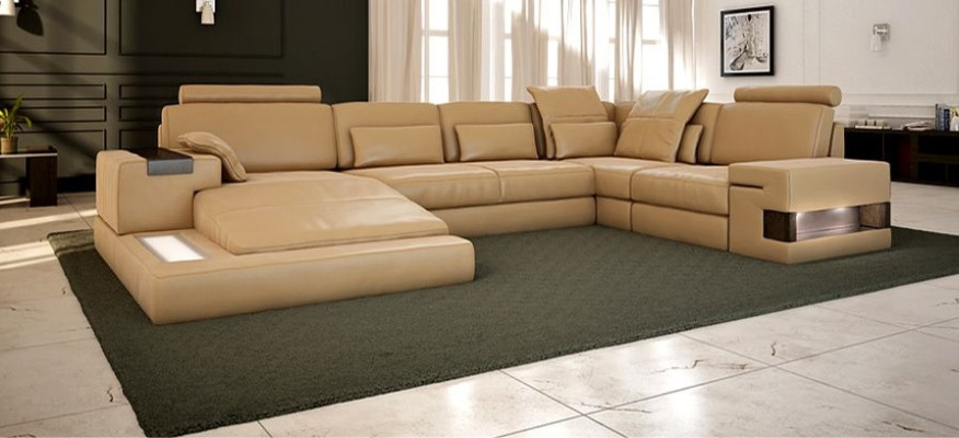 Design imbottito moderno in pelle con funzione letto, nuovo tessuto angolare a forma di U divano divano.