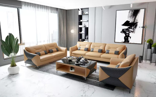 Sofà moderno Divano set 3 posti Tavolino da salotto Set di divani in pelle Gruppo 4 pezzi