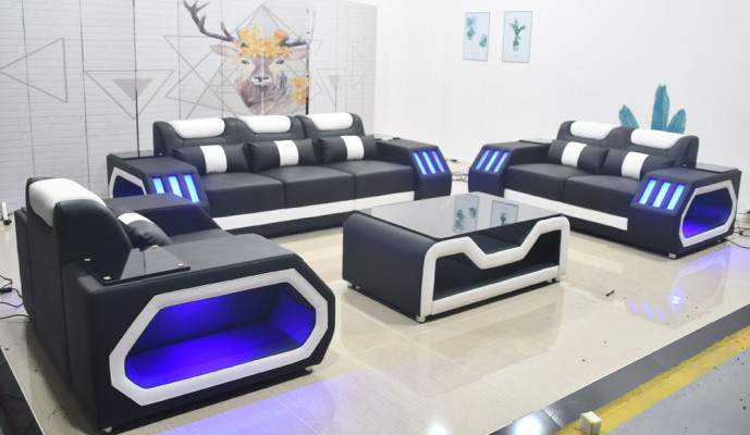 Sofà completo 3+2+1 + tavolo in pelle illuminato con design imbottito