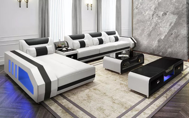 Divano ad angolo a L con tavolo, tavolino, credenza, divano in pelle, divano ad angolo imbottito, set da 3 pezzi.