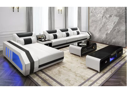 Divano ad angolo a L con tavolo, tavolino, credenza, divano in pelle, divano ad angolo imbottito, set da 3 pezzi.