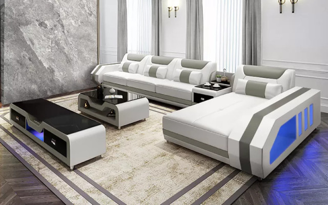 Divano ad angolo a L con tavolo, tavolino, credenza, divano in pelle, divano ad angolo imbottito, set da 3 pezzi.