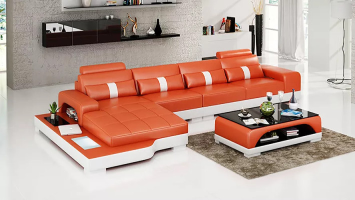 Divano angolare a L in pelle con design, divano angolare imbottito per il salotto.