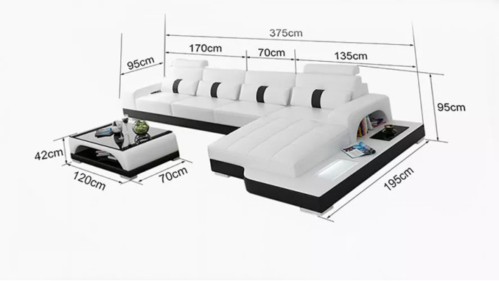 Divano angolare a L in pelle con design, divano angolare imbottito per il salotto.