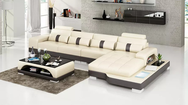 Divano angolare a L in pelle con design, divano angolare imbottito per il salotto.