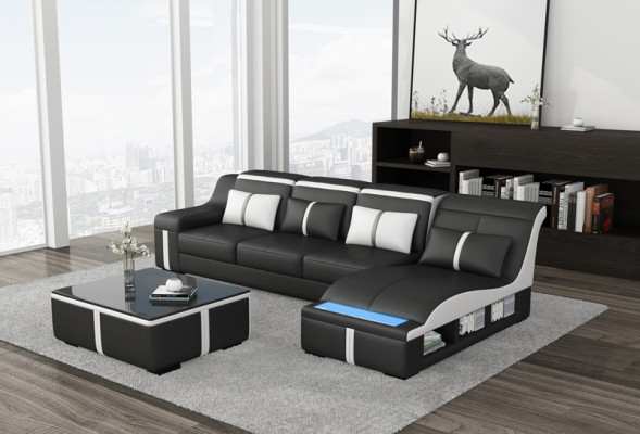 Design angolo divano USB LED + tavolo imbottito angolo sedile in pelle composto salotto