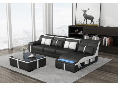 Design angolo divano USB LED + tavolo imbottito angolo sedile in pelle composto salotto
