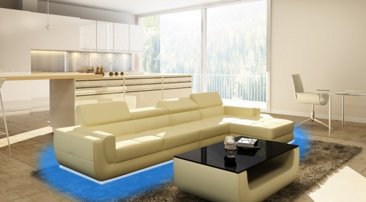 Moderno divano d'angolo con USB, rivestimento in pelle, design, set di divani Tettau per il soggiorno.
