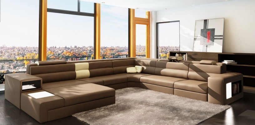 Divano ad angolo con USB, divano imbottito in pelle e tessuto design salotto.