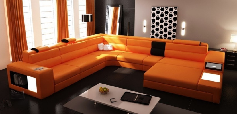 Soggiorno Divano in pelle angolare Divano ad angolo Set design moderno + USB Nuovo