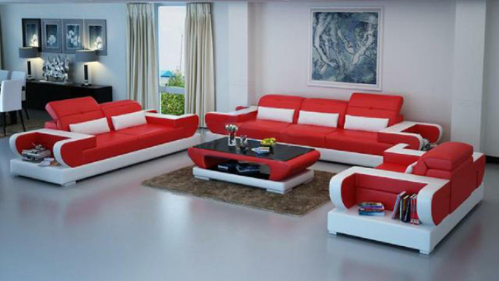 Set di divani in pelle imbottita moderna 3+2+1 composto da divano, poltrona e pouf Detmold