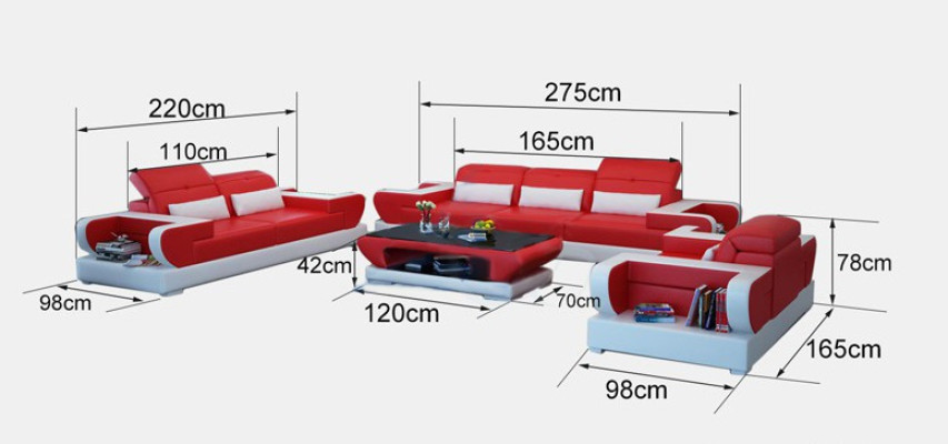 Set di divani in pelle imbottita moderna 3+2+1 composto da divano, poltrona e pouf Detmold