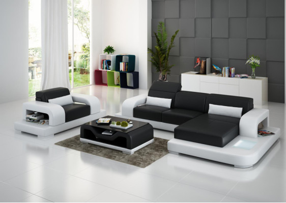 Divano ad angolo a forma di L, poltrona in legno moderna, tavolino completo da caffè, divano ad angolo, tavolino, nuovo.