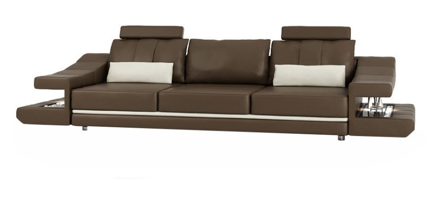 Moderno divano design di lusso 3 posti in tessuto marrone collocato nell'angolo.