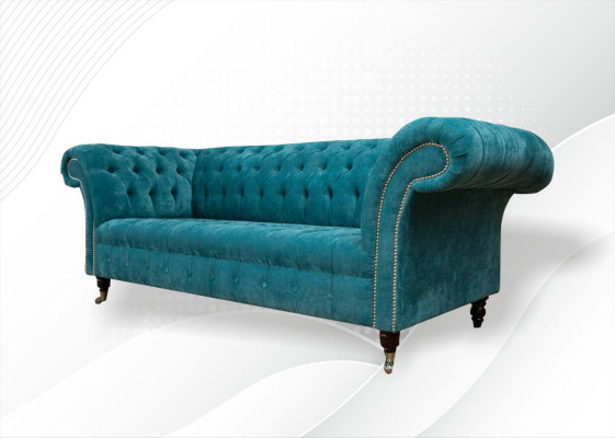 Divano Chesterfield Imbottito in Tessuto Turchese Classico a 3 Posti