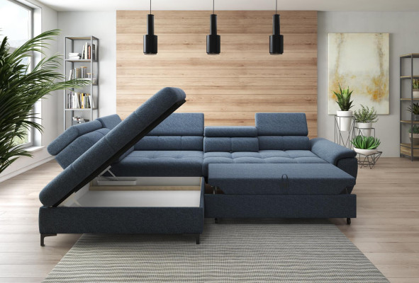 Divano ad angolo a L, divano, design, imbottito, divano letto, tessuto, funzione letto, tessuto.