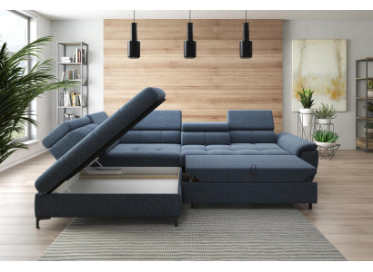 Divano ad angolo a L, divano, design, imbottito, divano letto, tessuto, funzione letto, tessuto.