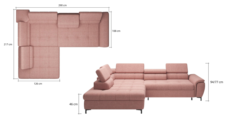 Divano ad angolo a L, divano, design, imbottito, divano letto, tessuto, funzione letto, tessuto.