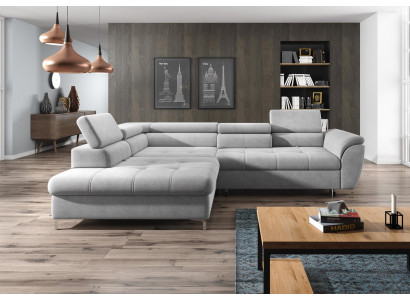 Divano ad angolo a L con design moderno in tessuto con funzione letto e vano portaoggetti multifunzionale.