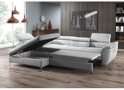 Divano ad angolo a L con design moderno in tessuto con funzione letto e vano portaoggetti multifunzionale.