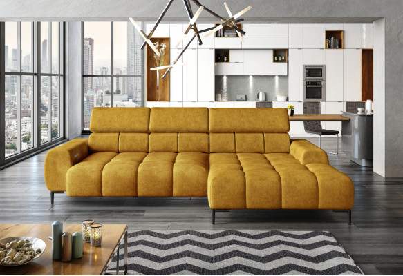 Divano letto imbottito in tessuto con funzione letto, design per il relax, divano ad angolo a L.