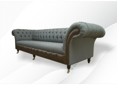 Chesterfield 4 posti in tessuto grigio, design soggiorno, divano imbottito grande in tessuto.