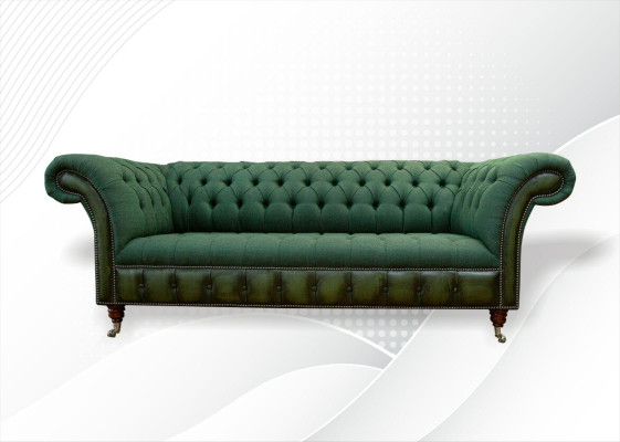 Chesterfield divano 3 posti in tessuto verde scuro per il soggiorno.