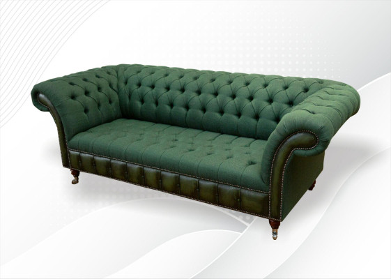 Chesterfield divano 3 posti in tessuto verde scuro per il soggiorno.