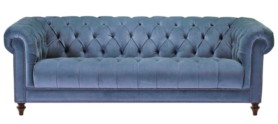 Azzurro chiaro divano a tre posti in stile Chesterfield in tessuto originale nuovo.